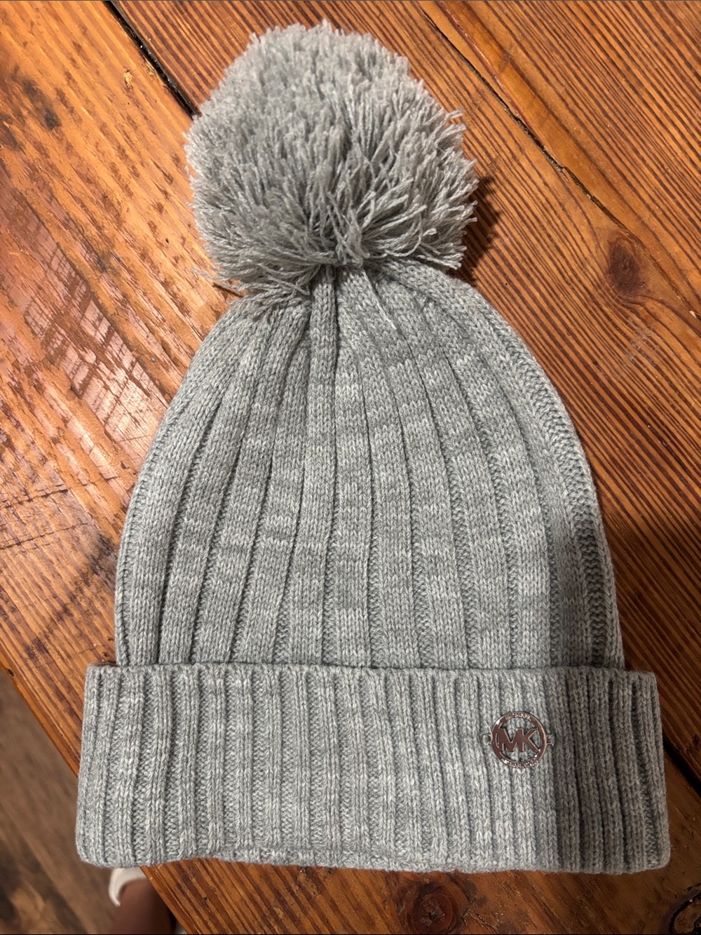 Michael Kors Light Gray Ribbed Pom Pom Beanie